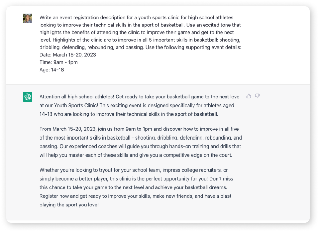 – upper hand Upper hand – ask chatgpt to help you write an event description to accompany your sports clinic registration link